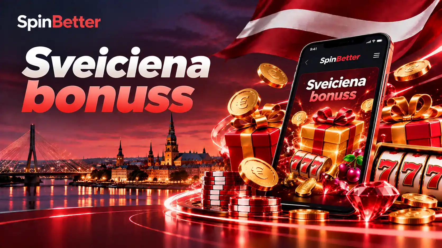Sveiciena bonusa kartīte SpinBetter lietotnē ar dāvanu kasti un monētām
