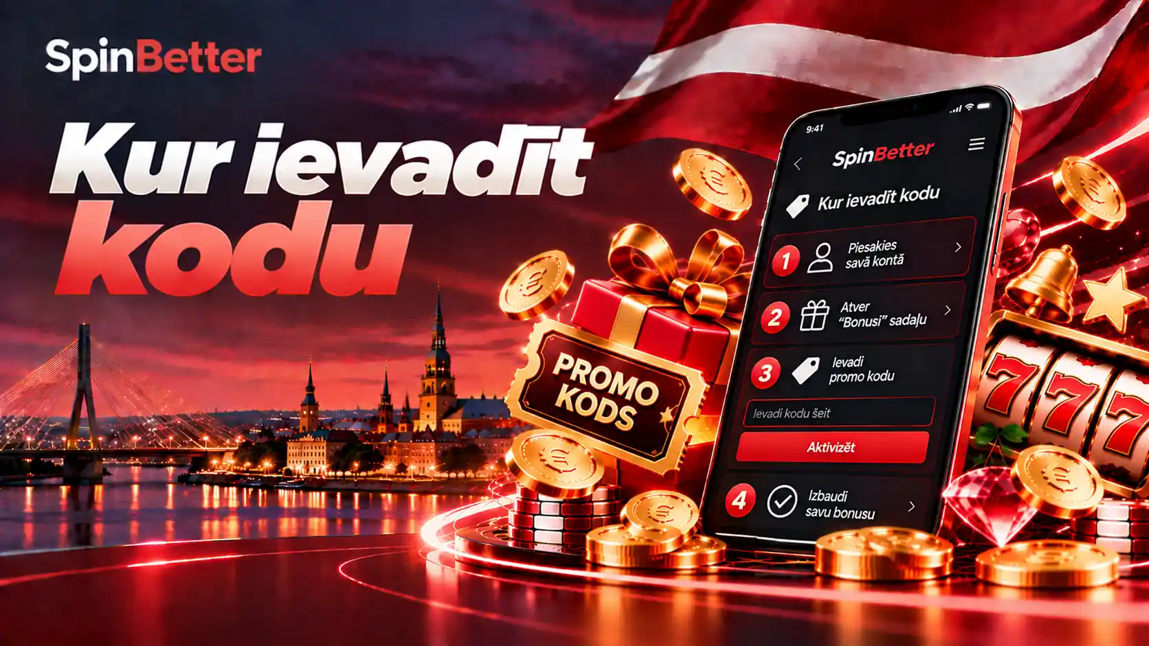 Četri soļi, kā ievadīt promo kodu SpinBetter kontā: pieteikšanās, sadaļa «Bonusi», kods, aktivizācija